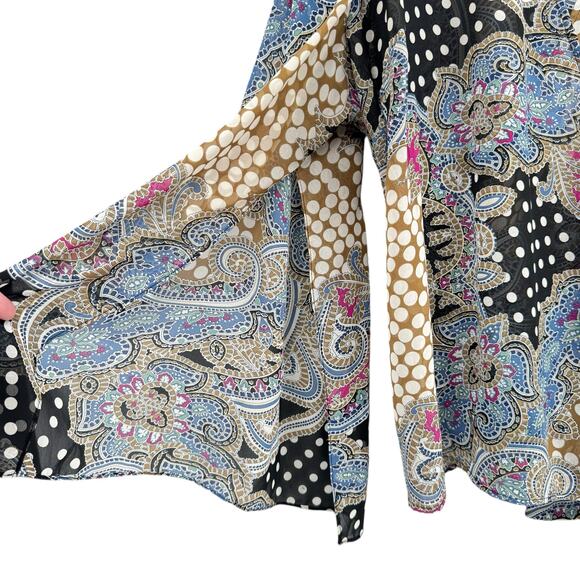 Lane Bryant Mixed Print Sheer Chiffon Long Split Bell Kimono Sleeve Wrap Blouse - Picture 6 of 8